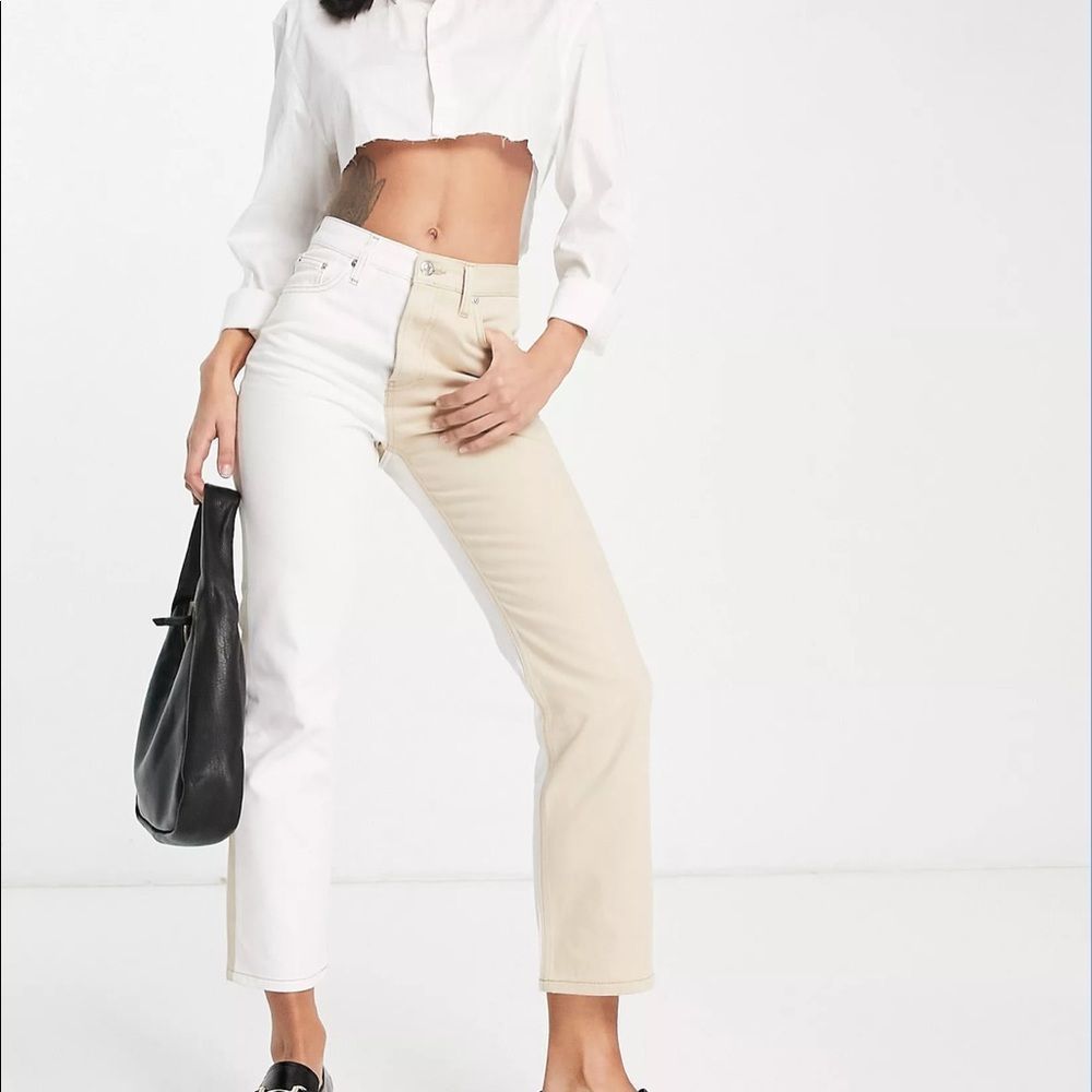 Topshop Editor Color Block Straight Leg Jeans in Sand NWT